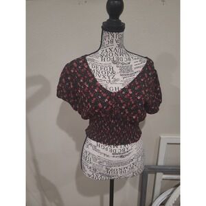 Aeropostale Women's SZ S black ditsy print cropped‎ top cottagecore smocked boho